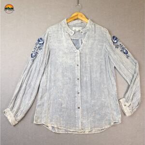 Vintage Havana Blouse Tunic Top Blue Striped Long Sleeve Cottage Women's Sz L